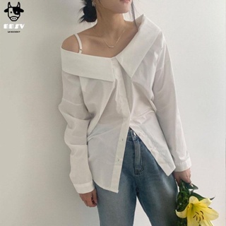 牛奶少女【與眾不同】韓國chic夏季單邊露肩吊帶襯衫女裝設計感小眾兩面穿長袖襯衫上衣