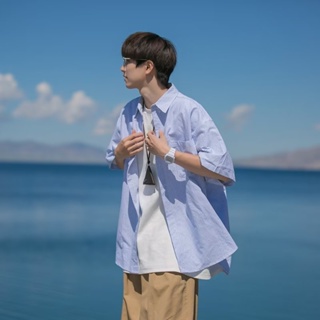 男士日式街頭嘻哈流行款式垂墜襯衫條紋超大短袖襯衫