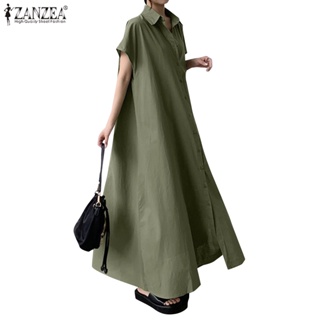 Zanzea 女式韓版日常短袖連身衣純色長款襯衫裙