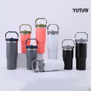 Yutan 600/900ml 保溫瓶帶吸管蓋手柄不銹鋼冷熱飲料旅行