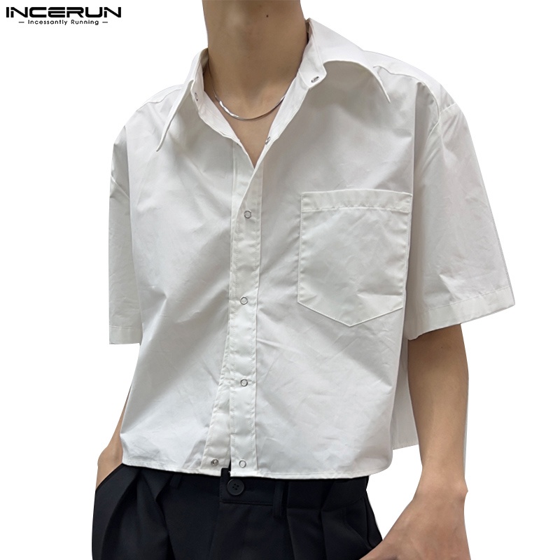 Incerun 男士韓版純色短款休閒短袖襯衫