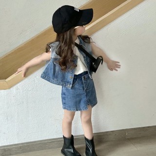 女童夏季牛仔套裝 2023春夏新款兒童牛仔馬甲短褲寶寶無袖背心牛仔褲裙外穿