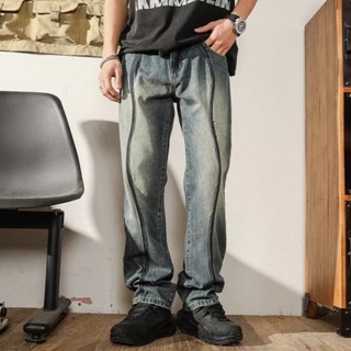 新款寬鬆直筒牛仔褲男潮牌做舊水洗復古闊腿vibe高街褲子