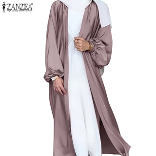 Zanzea 女式時尚優雅穆斯林袖口橡膠緞面可拆卸腰帶開衫和服