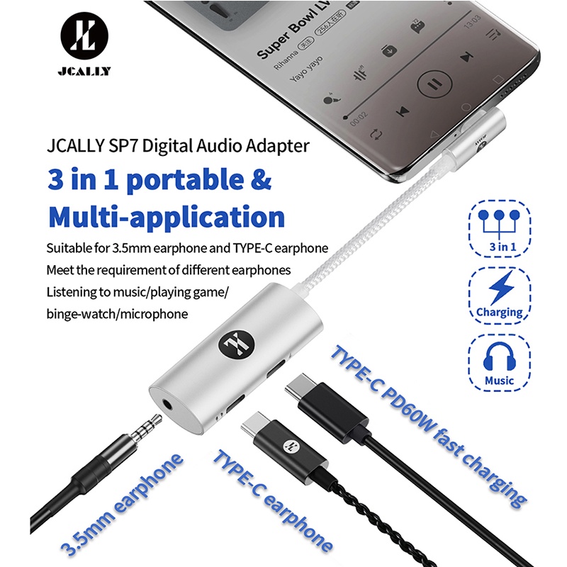 Jcally SP7 CX31993 Type C 音頻適配器 3.5mm Type-C 支持 PD 60W 充電 3