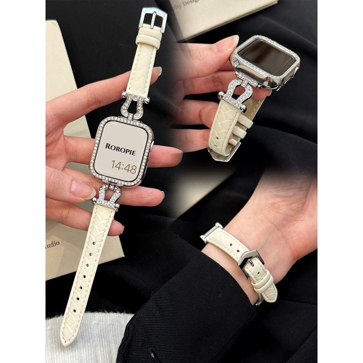 Apple Watch錶帶 馬蹄扣 金屬帶鑽 真皮錶帶 蘋果手錶錶帶 44 40 41 45 iwatch8 S7 SE