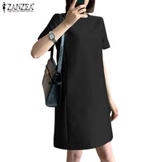 Zanzea 女式韓版時尚休閒圓領短袖側袋 H 字連衣裙