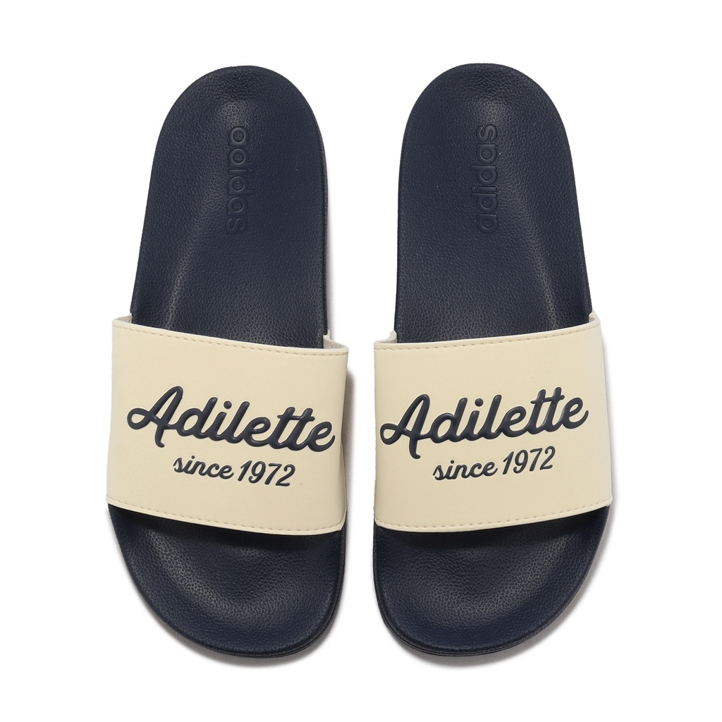 adidas 拖鞋 Adilette Shower 深藍 米 草寫 愛迪達 男女鞋 涼拖鞋 【ACS】 GW8748