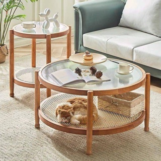 北歐 圓形桌 實木 玻璃 茶几 組合 家用 小戶型 客廳 日式 簡約 藤編 小圓桌子