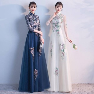 訂制 女士復古連身裙 古典仙氣禮儀走秀旗袍裙 古箏古琴表演服 主持人修身晚禮服 訂婚宴中式禮服 慈善晚會化妝舞會連身裙