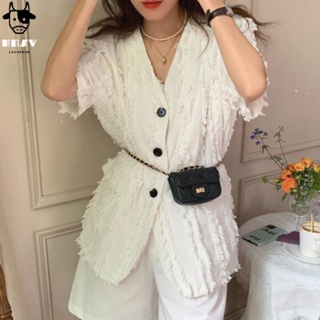 牛奶少女[氣質出眾]韓國chic夏季新款時尚名媛風設計感流蘇毛邊單排扣上衣小香風外套