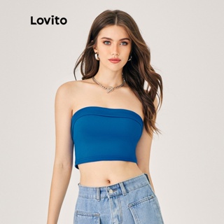 Lovito 休閒素色折疊細肩帶七分細肩帶背心女式上衣 L47ED007 (藍黑)