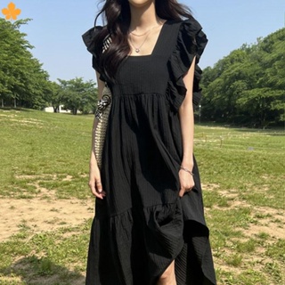MUZV【優雅氣質】韓國夏季新款韓版氣質甜美方領小飛袖露背高級感洋裝洋裝女收腰遮肉長裙
