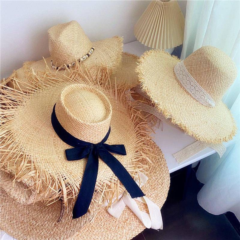 夏季ins風大帽檐 毛邊拉菲草草帽女 沙灘帽 出遊海邊度假防曬遮陽帽