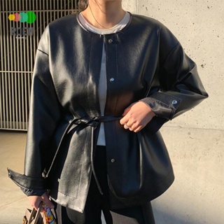 ROEV[氣質女神]韓國chic秋季復古帥氣圓領單排扣抽繩收腰顯瘦PU皮長袖皮衣外套女