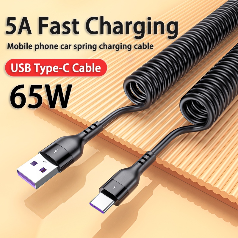 65w 5A 快速充電 C 型電纜彈簧線彈簧拉伸縮延長 USB 數據線汽車家庭辦公電話配件適用於華為小米紅米榮耀 POC