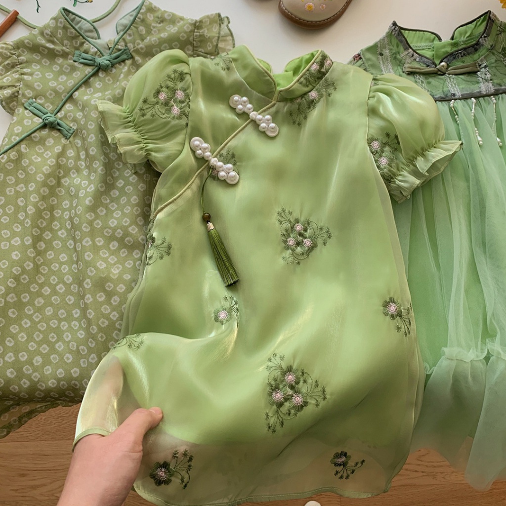 翠翠的綠2023夏季女童旗袍洋裝  歐個啥條紋女童洋裝 民族風公主裙旗袍