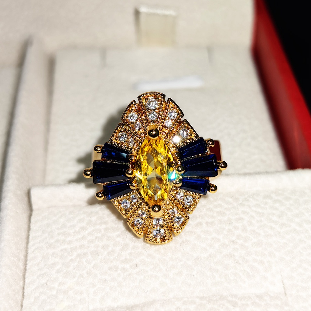 法式復古馬眼形狀黃色鋯石法棍藍寶石鍍18K金戒指中古風飾品