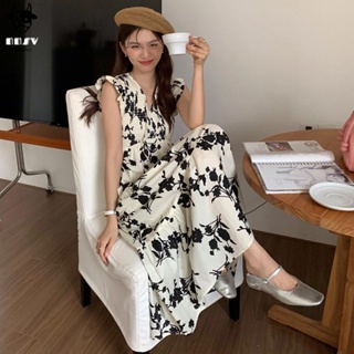 NN少女[輕奢高級]韓國chic夏季法式復古V領抽繩水墨印花收腰顯瘦飛飛袖碎花洋裝洋裝