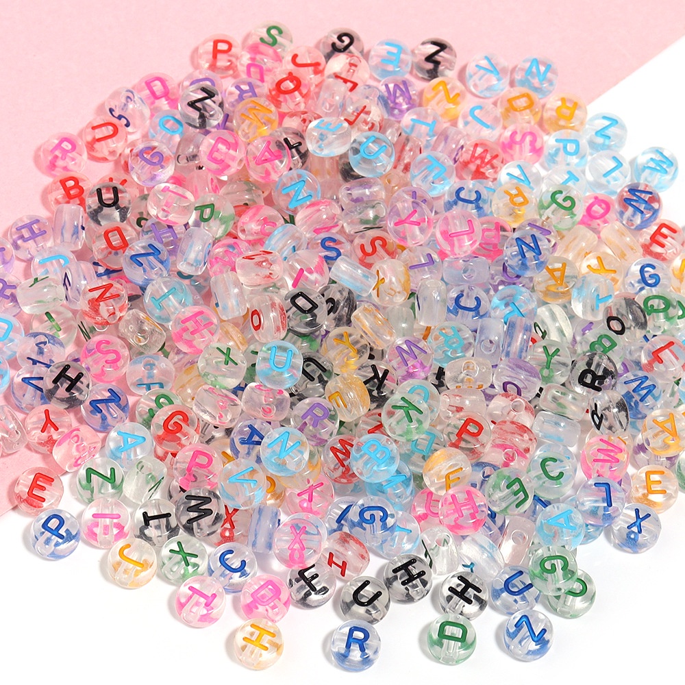 100顆壓克力字母珠透明彩色英文字母扁圓串珠 diy散珠手鍊飾品配件