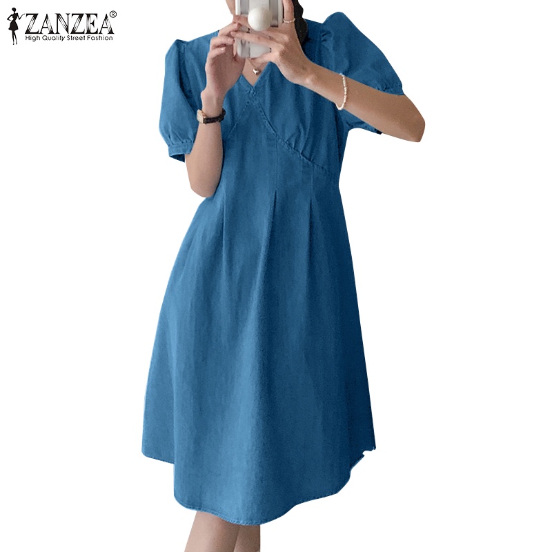 Zanzea 女式韓式 V 領短袖收腰褶襉牛仔連衣裙