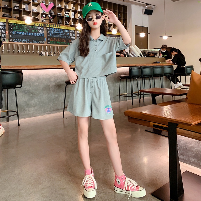 【YAOEENH】120-170CM 韓版女童洋氣休閒套裝 中大童時尚素色上衣短褲兩件套 現貨 快速出貨
