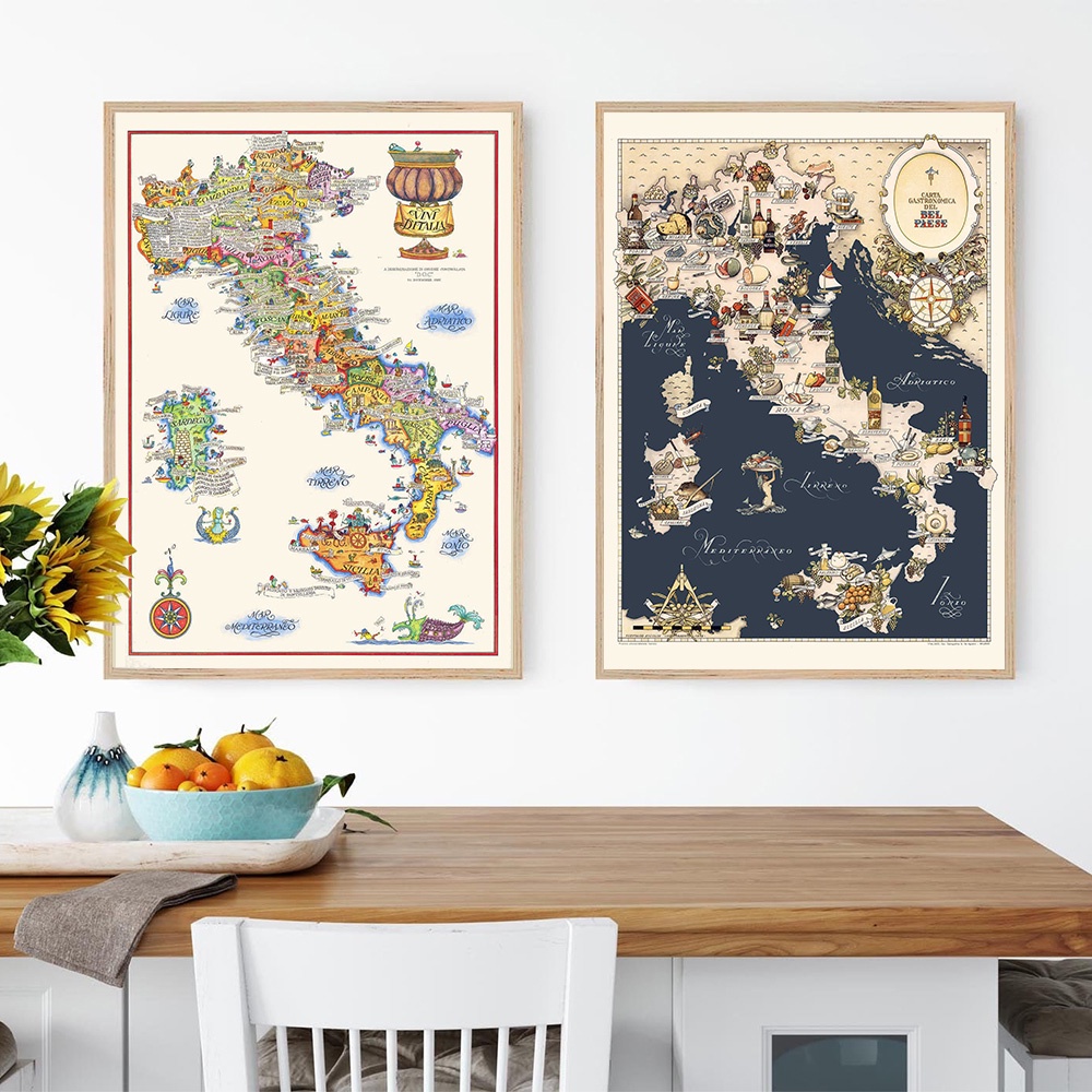 無框復古意大利地圖美食酒類冒險海報和版畫歐洲復古帆布畫牆藝術圖片酒吧廚房裝飾