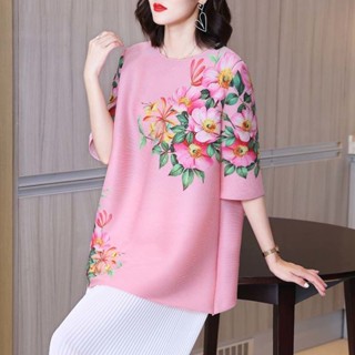 三宅一生衣服 三宅皺褶衣高品質上衣夏季粉色褶皺印花上衣時尚2023新款五分袖洋氣減齡寬鬆大尺碼T恤潮