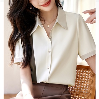 XWI/欣未氣質優雅襯衫女夏季新款韓版拼接撞色寬鬆雪紡上衣