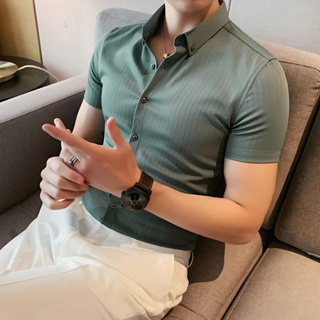 條紋襯衫男士韓版修身商務休閒短袖上衣