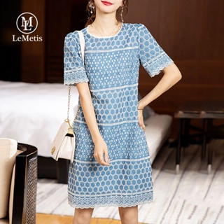 LeMetis 女式鏤空刺繡蕾絲洋裝短袖圓領連衣裙
