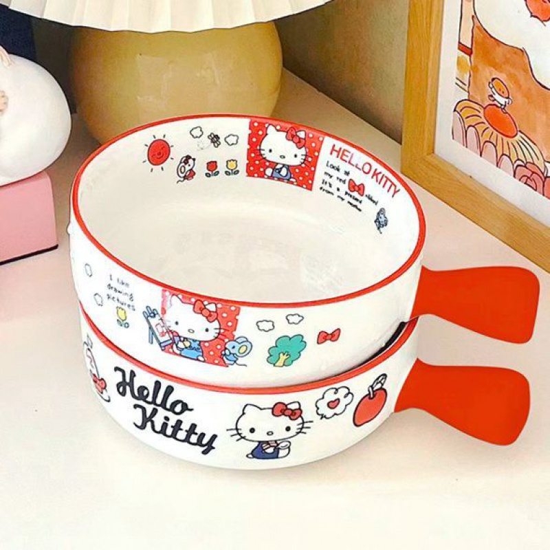 Graby2023Hellokitty凱蒂貓陶瓷手柄碗米飯湯碗家用可愛少女陶瓷碗學生宿舍泡麵碗帶蓋高顏值陶瓷碗