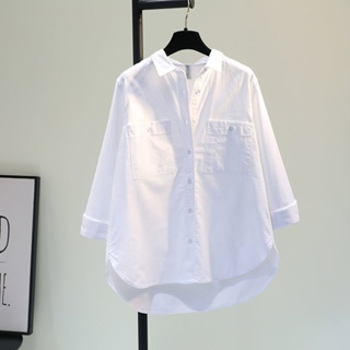 白色長袖襯衫 時尚寬鬆翻領襯衫 簡約百搭上衣