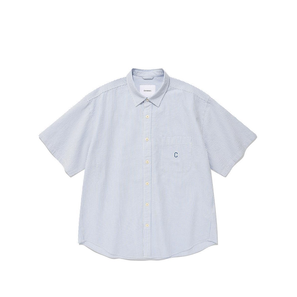 [COVERNAT]  泡泡紗C LOGO條紋短袖襯衫（淺藍色） [G8]