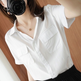 【Abao】純棉短袖襯衫 女 夏季新款 韓版 氣質POLO領 寬鬆 百搭v領白襯衫