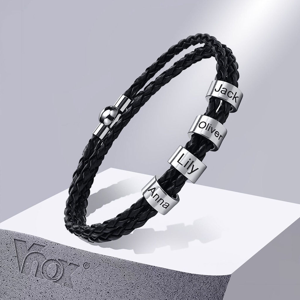 Vnox 免費定制名稱男士編織真皮手鍊禮品首飾,帶有姓氏的不銹鋼珠飾