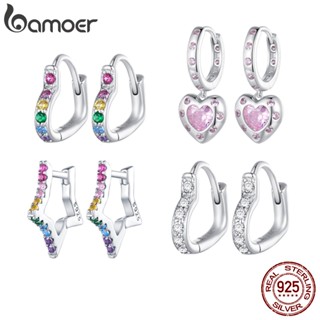 Bamoer 925 純銀簡約彩色和銀色心形/星星耳環時尚首飾女士 ins 生日禮物