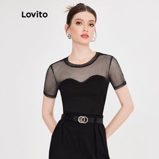 Lovito 女式優雅素色網紗拼接T恤 L51ED046 (黑色)