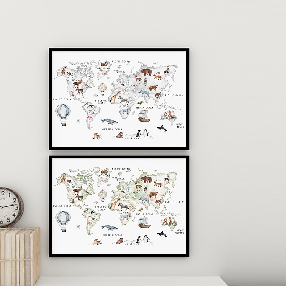 動物世界地圖教育復古海報牆藝術可愛灰色男孩房幼兒園油畫北歐家居裝飾畫