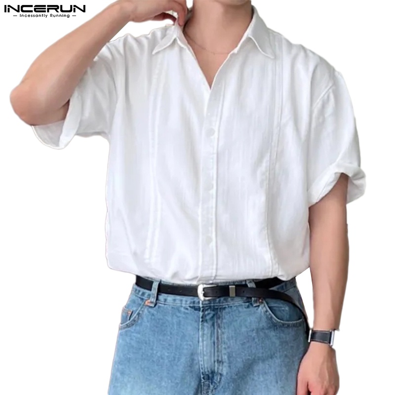 Incerun 男士韓版簡約純色棉麻短袖襯衫