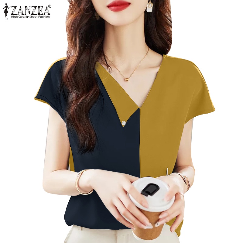 Zanzea 女士優雅街頭時尚撞色短袖緞面 V 領裝飾鈕扣襯衫