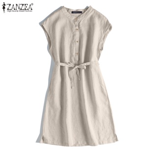 Zanzea 女士韓版時尚日常短袖可拆卸腰帶休閒寬鬆連衣裙