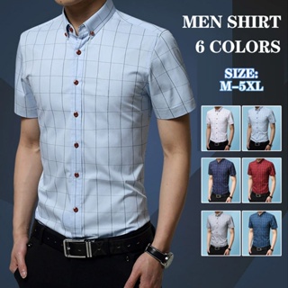 6色男士短袖襯衫 夏季薄款韓版 休閒商務格子素色襯衫 潮流大尺码上衣 男生衬衫 M-5XL