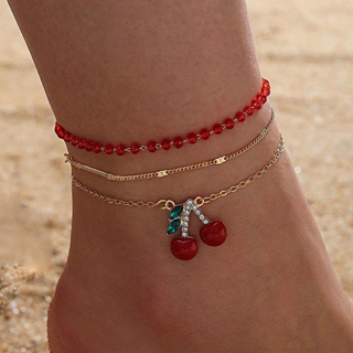 歐美 紅色 串珠 漿果 足飾 鑽石 櫻桃 三層 腳鍊