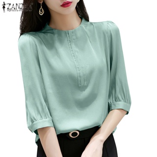 Zanzea 女式韓版日常通勤派對緞面半袖小立領襯衫