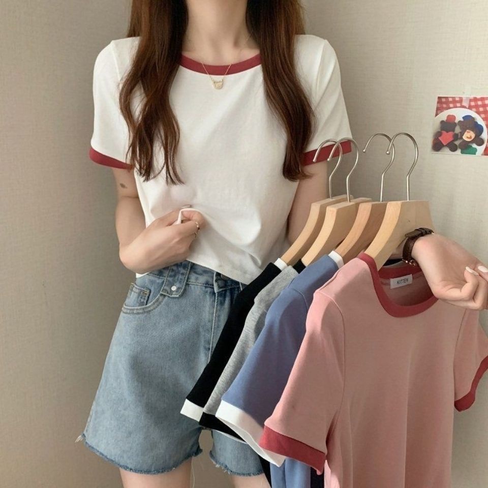 撞色圓領短袖T恤女2023年新款夏季打底衫韓版緊身短版學生上衣潮