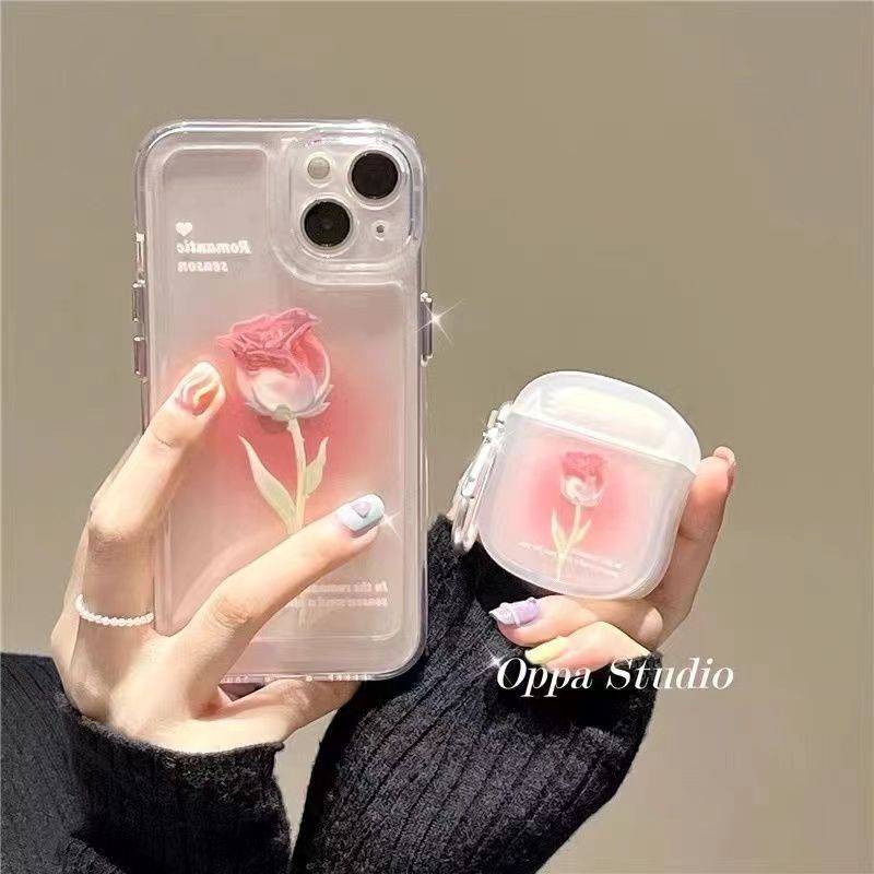 iphone 14 pro max case 漸變粉紅玫瑰花 手機殼 airpods1/ airpods2保護套/air