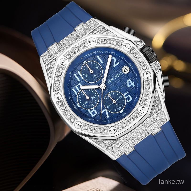 PINTIME 手錶 八角設計鑲鑽錶冠 2665D 日曆顯示 30M防水功能 格子面款 男表