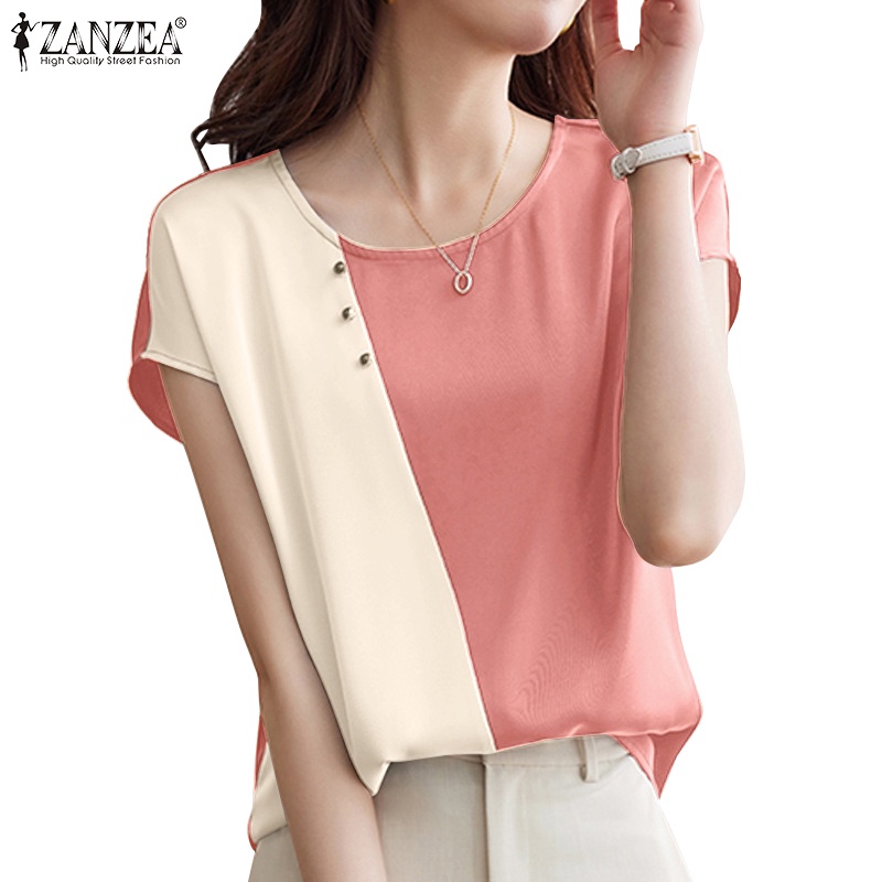 Zanzea 女式韓版短袖圓領緞面撞色襯衫