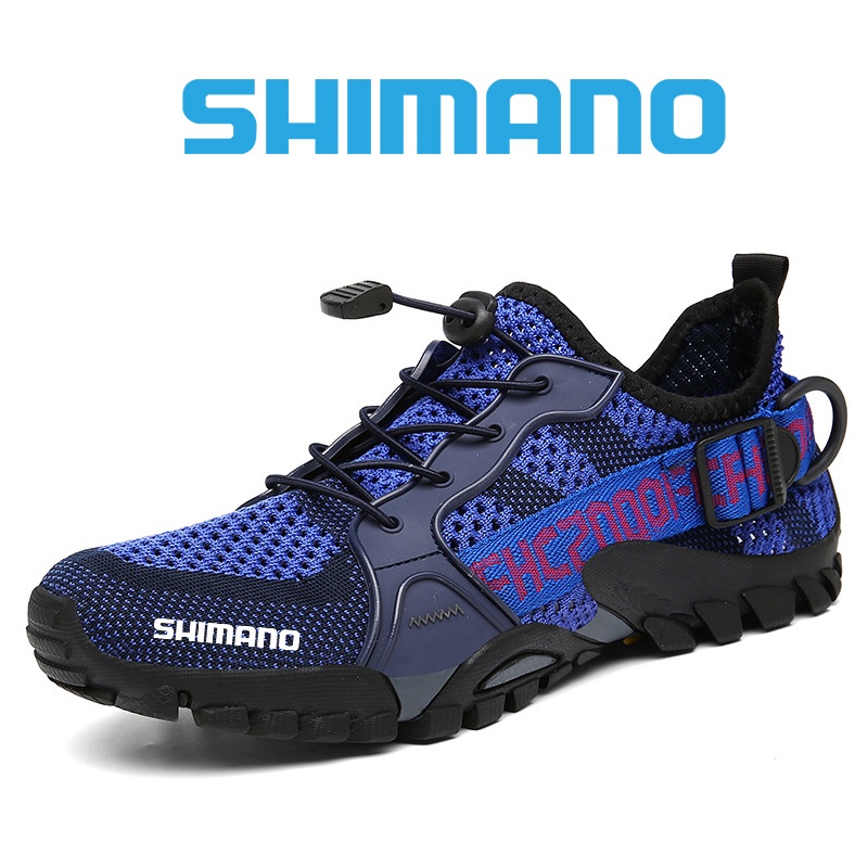 Shimano 夏季圓頭平跟低幫前繫帶膠戶外運動鞋男士防滑網眼大號休閒釣魚鞋男